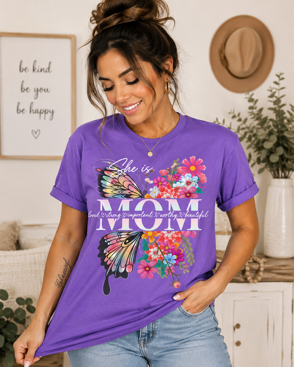 She Is Mom | Inspirational Butterfly Floral Graphic T-Shirt | Unisex Gildan Cotton Tee