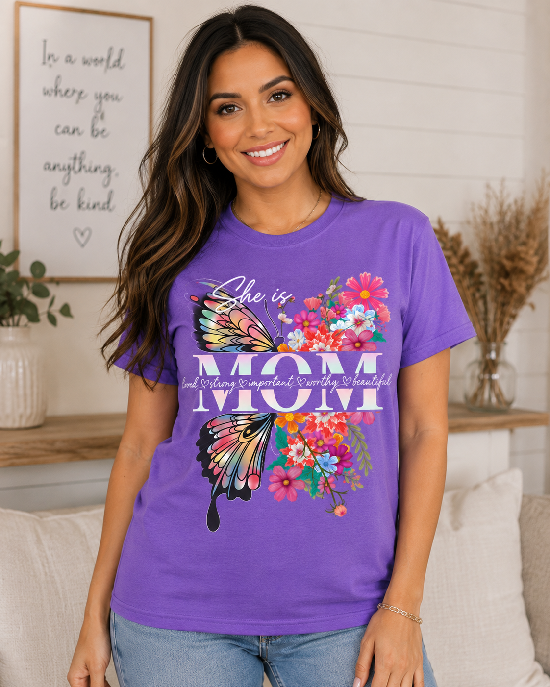 She Is Mom | Inspirational Butterfly Floral Graphic T-Shirt | Unisex Gildan Cotton Tee