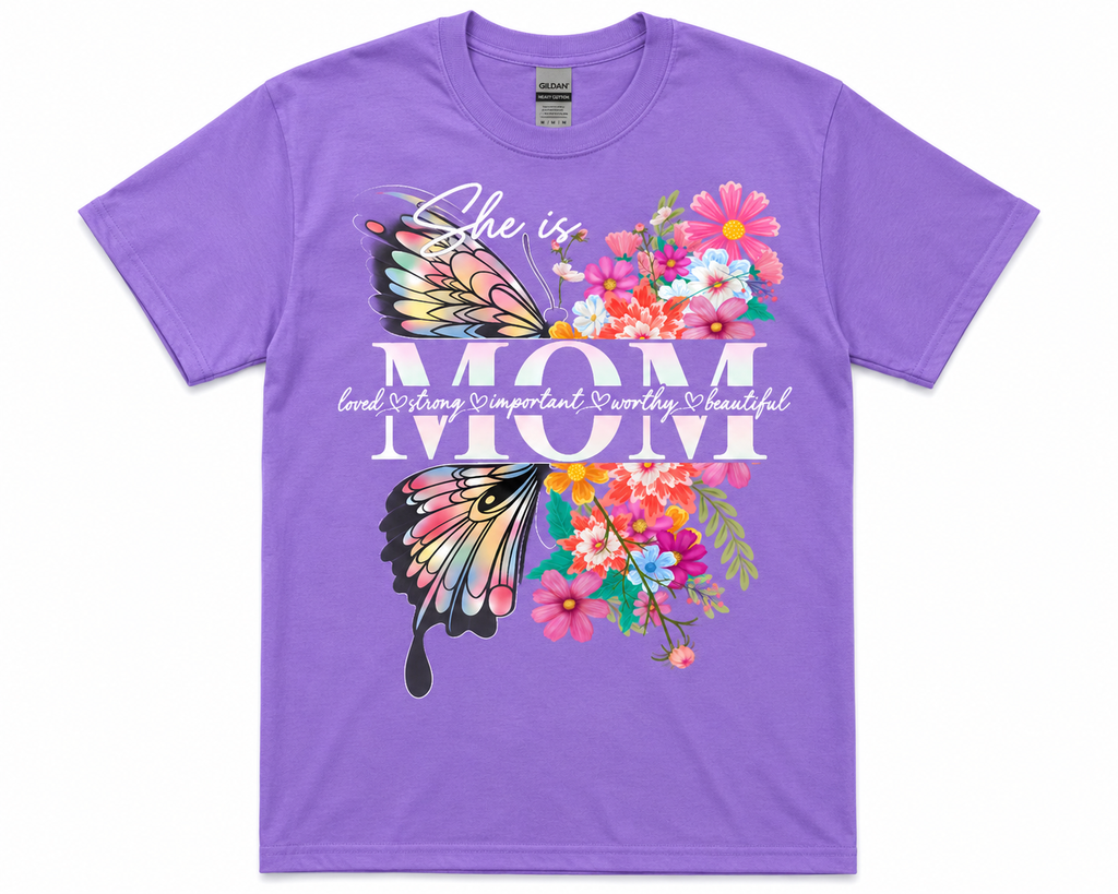 She Is Mom | Inspirational Butterfly Floral Graphic T-Shirt | Unisex Gildan Cotton Tee