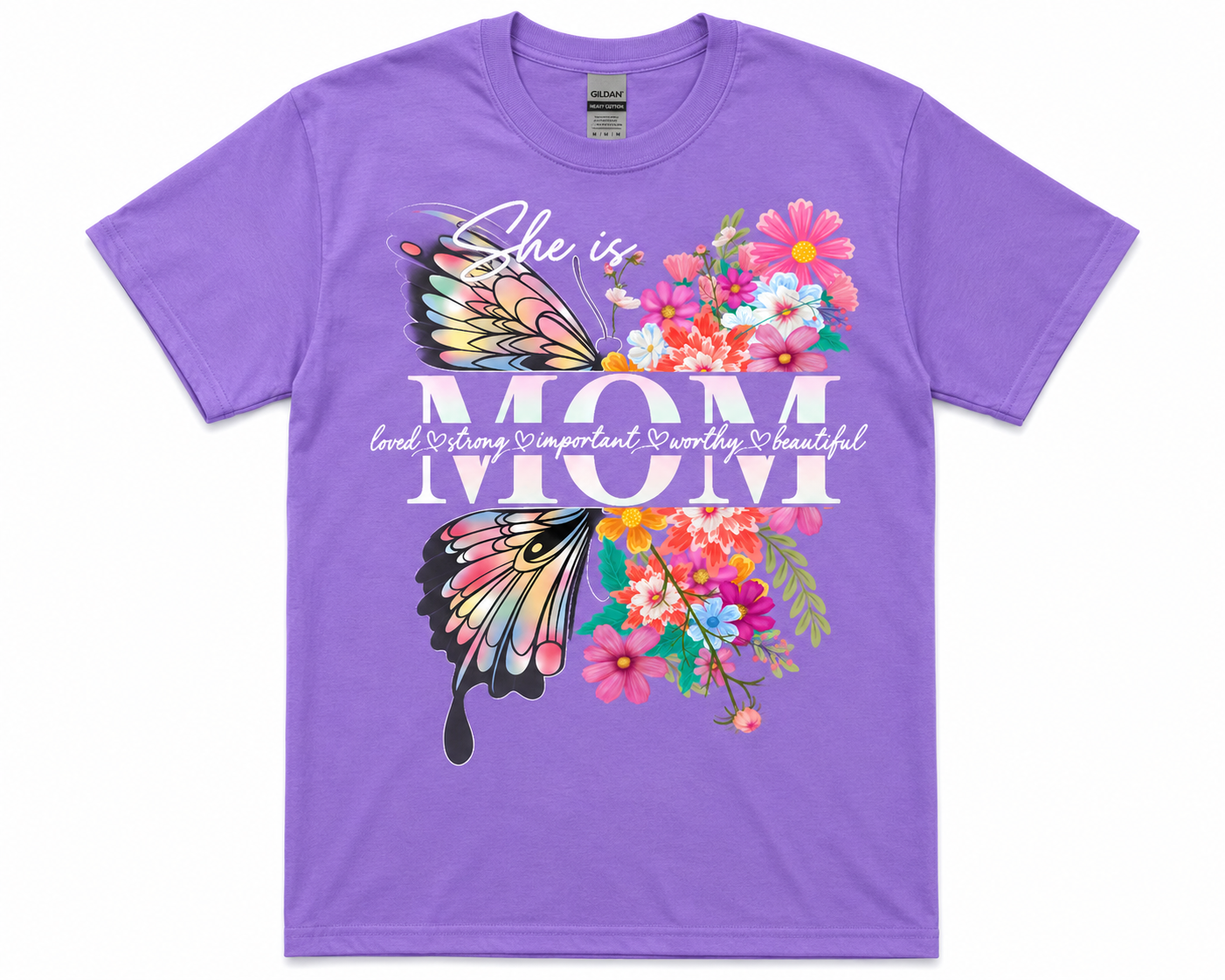 She Is Mom | Inspirational Butterfly Floral Graphic T-Shirt | Unisex Gildan Cotton Tee